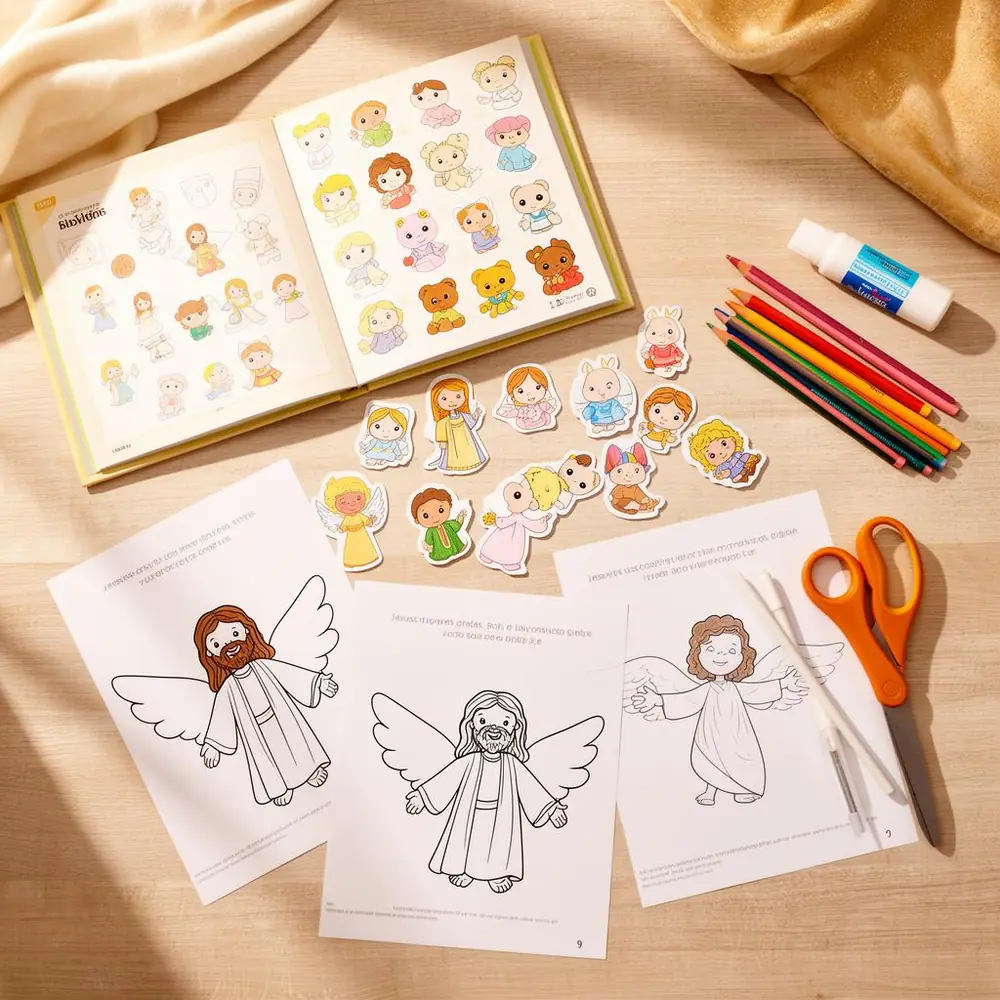 Criança colorindo desenhos do Evangelho com lápis de cor